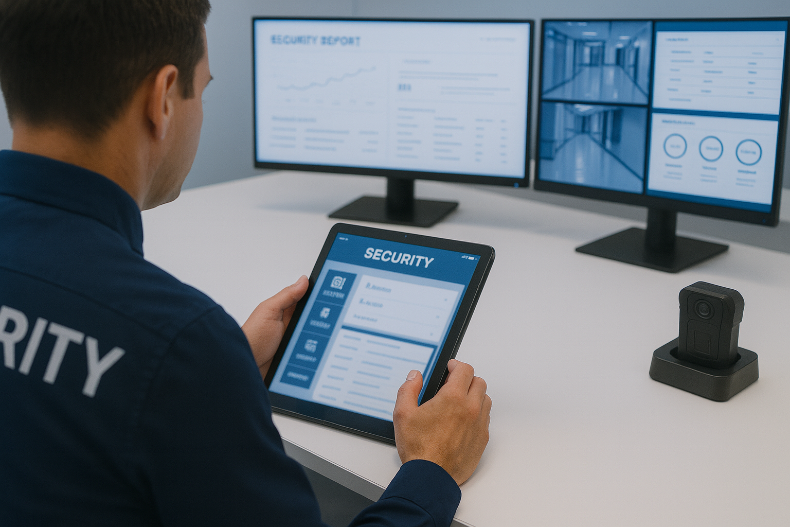 Professional security guard with digital patrol technology